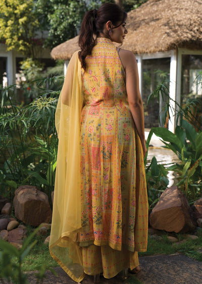 Yellow Georgette Printed Fusion/Indo-Western Anarkali