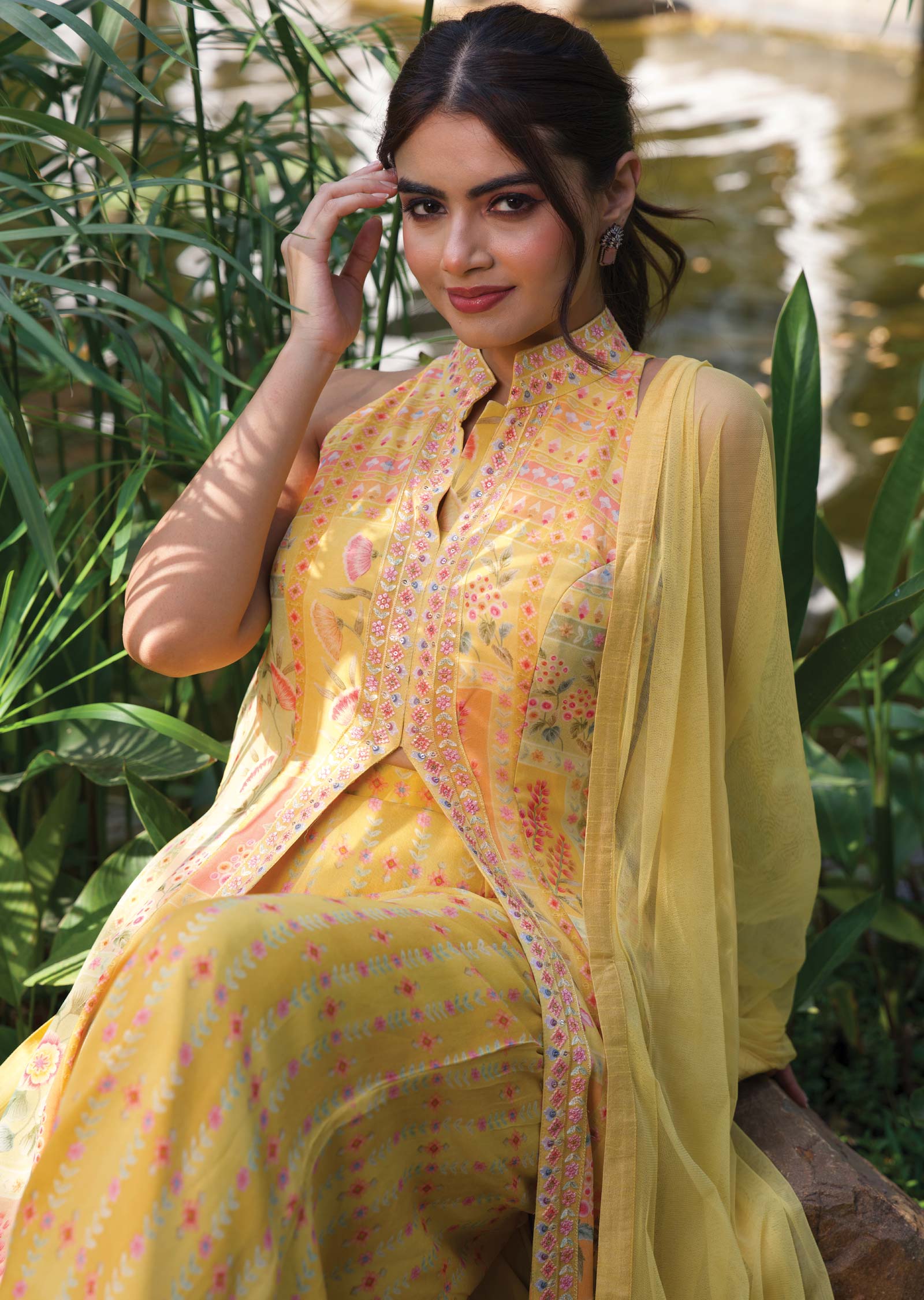 Yellow Georgette Printed Fusion/Indo-Western Anarkali