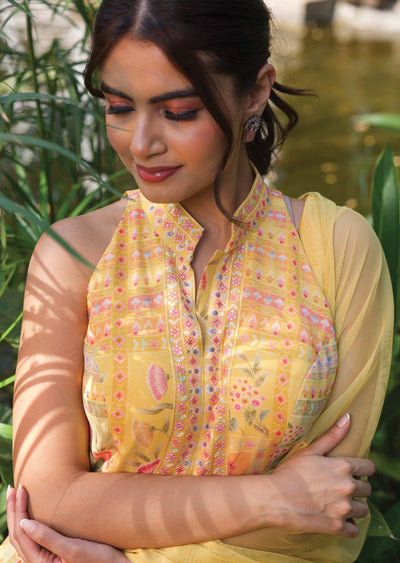 Yellow Georgette Printed Fusion/Indo-Western Anarkali