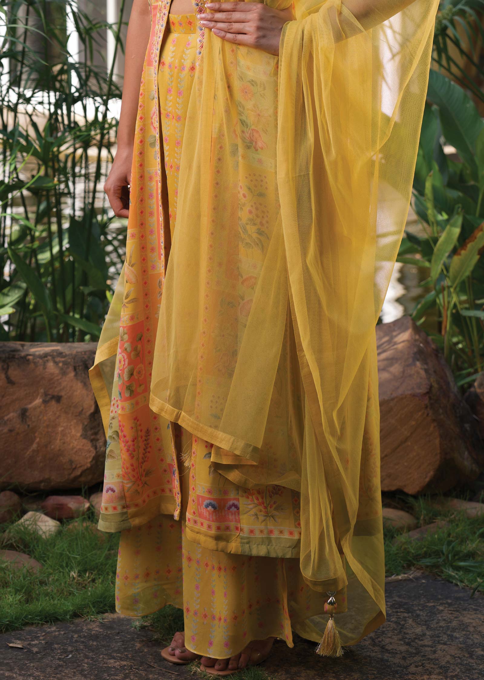 Yellow Georgette Printed Fusion/Indo-Western Anarkali