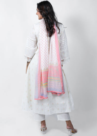 Off White Cotton Printed Anarkali