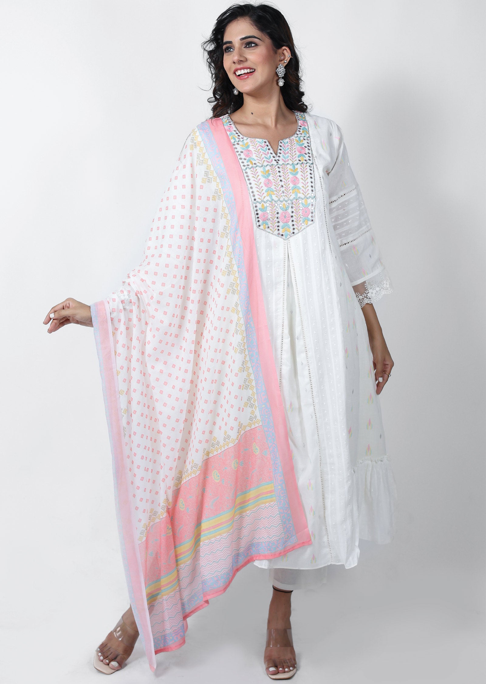 Off White Cotton Printed Anarkali