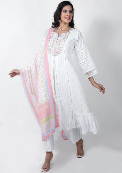 Off White Cotton Printed Anarkali