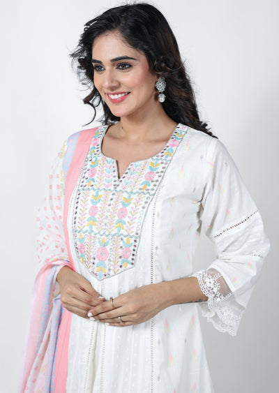 Off White Cotton Printed Anarkali