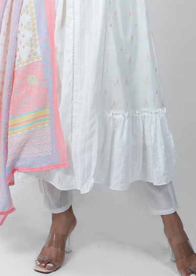 Off White Cotton Printed Anarkali