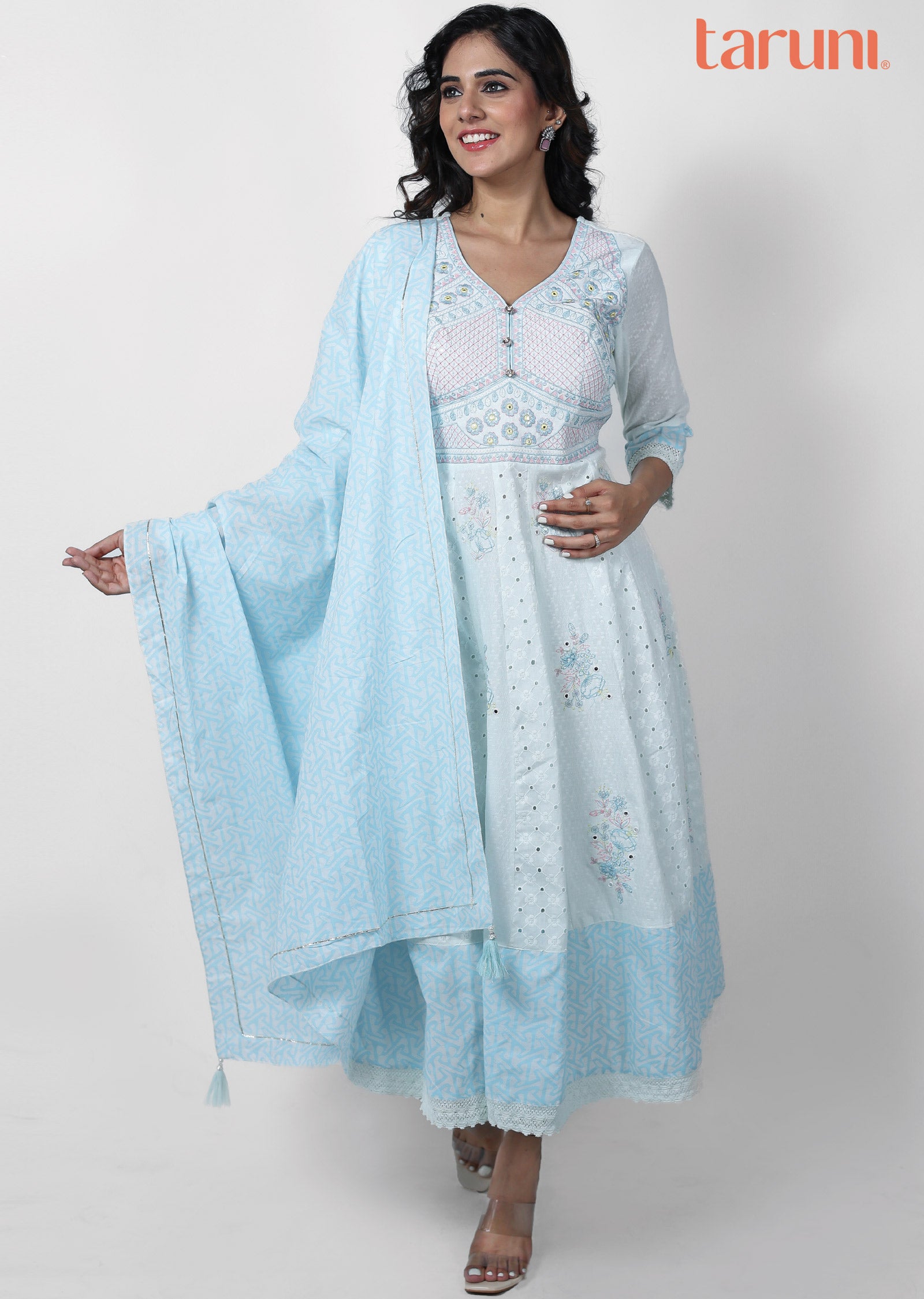Light Blue Cotton Embroidered Anarkali