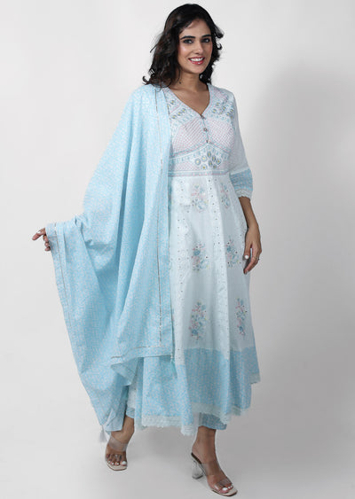 Light Blue Cotton Embroidered Anarkali