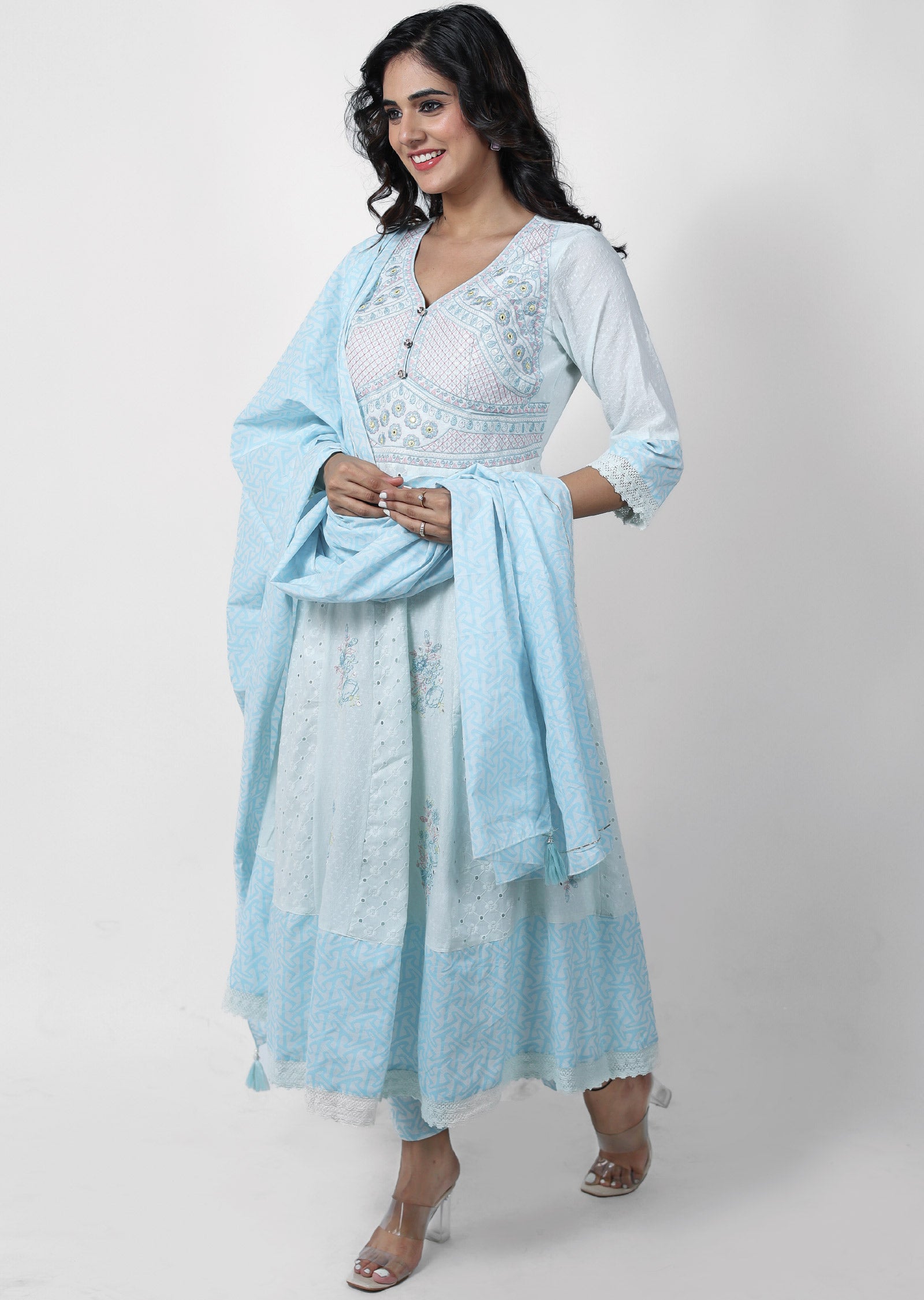 Light Blue Cotton Embroidered Anarkali