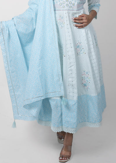 Light Blue Cotton Embroidered Anarkali