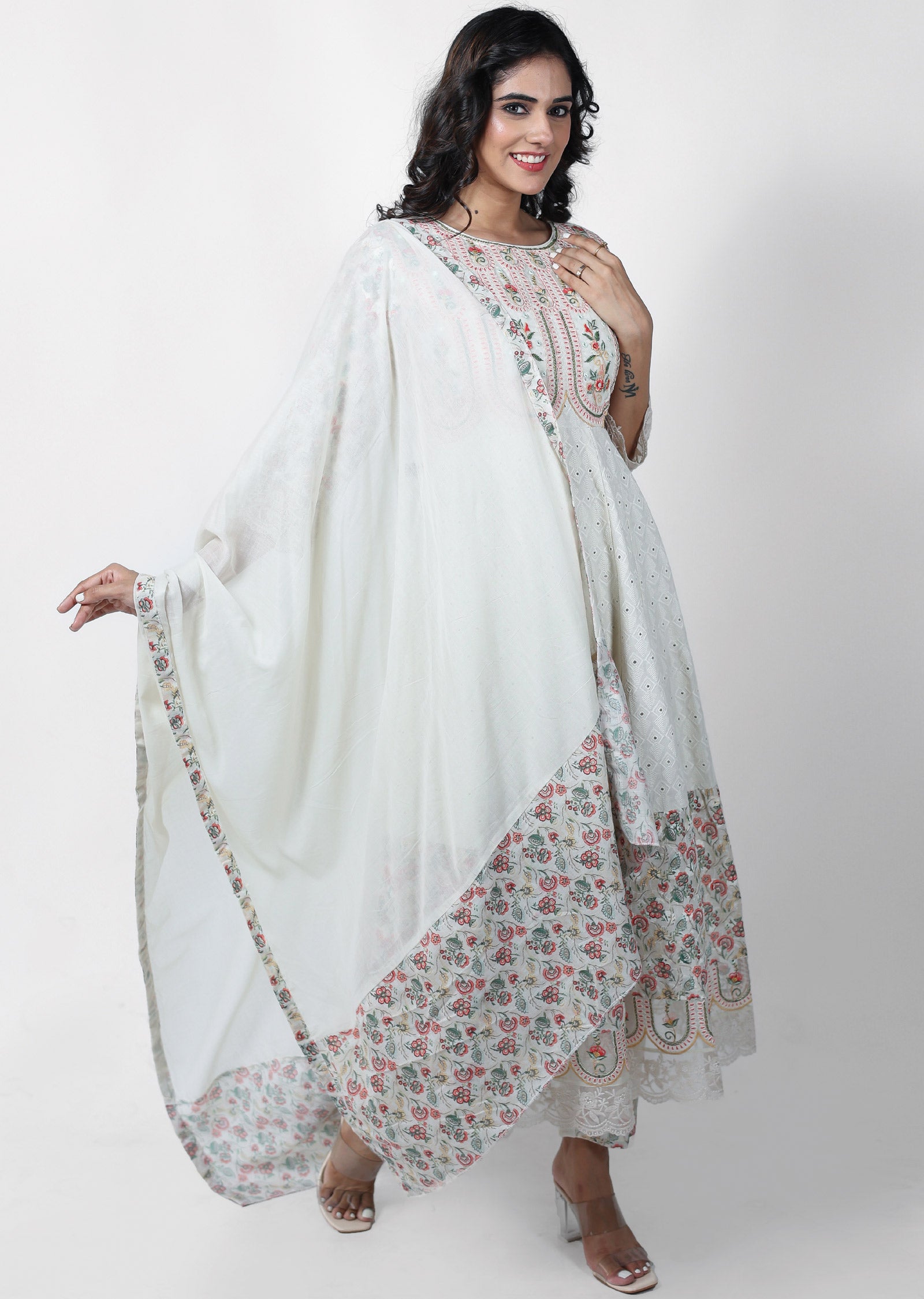 Light Beige Schiffli Cotton Gota Work Anarkali