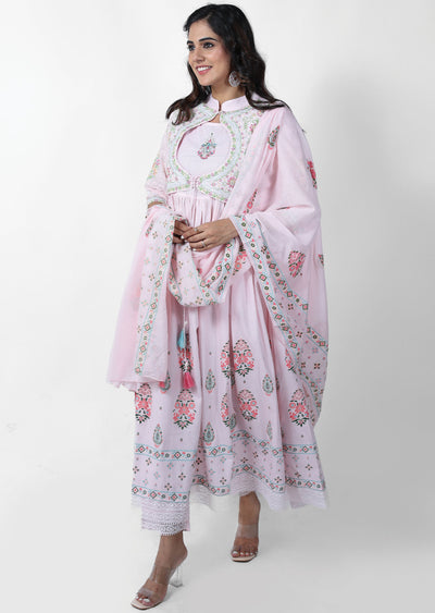 Pink Cotton Printed Anarkali