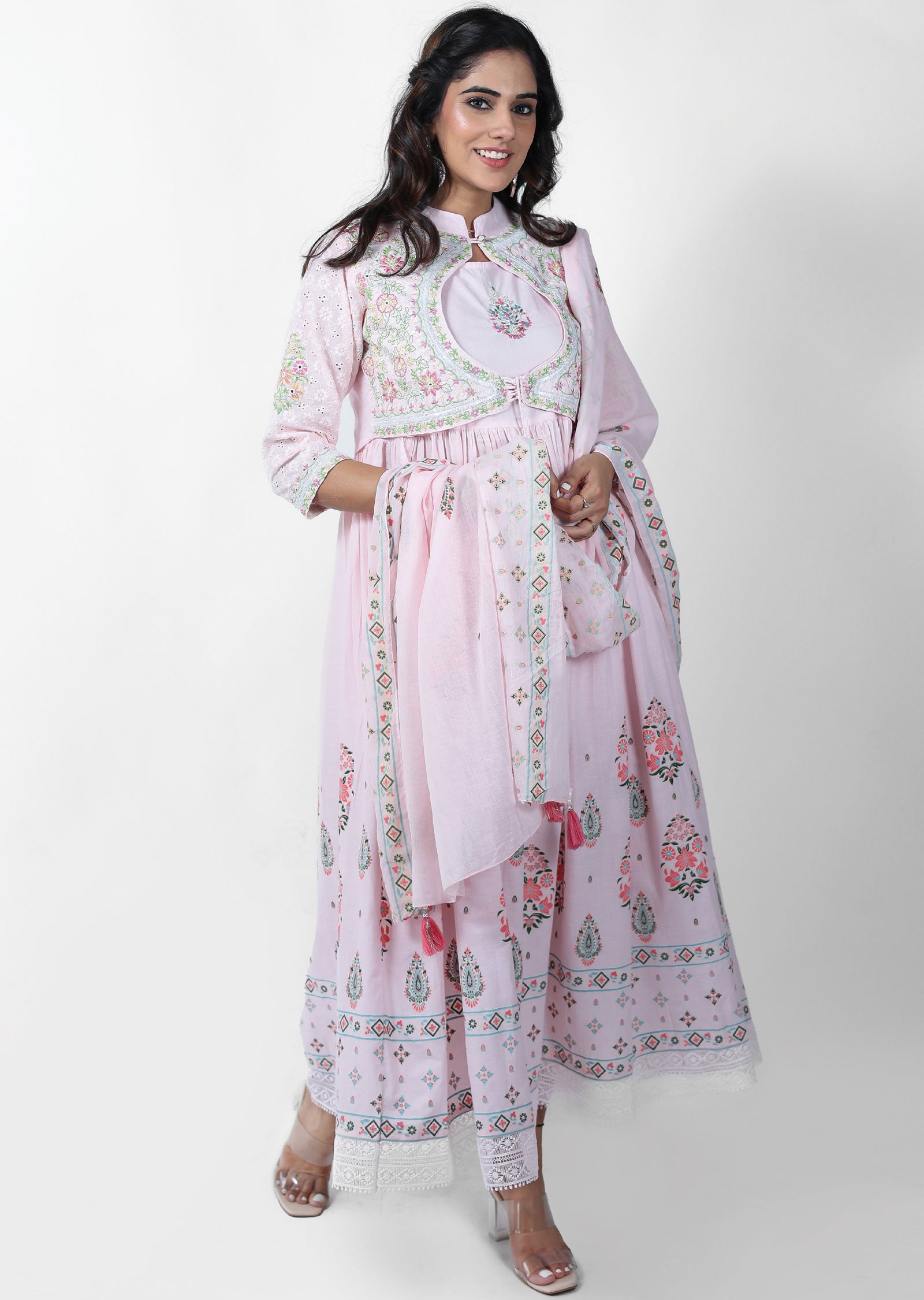 Pink Cotton Printed Anarkali