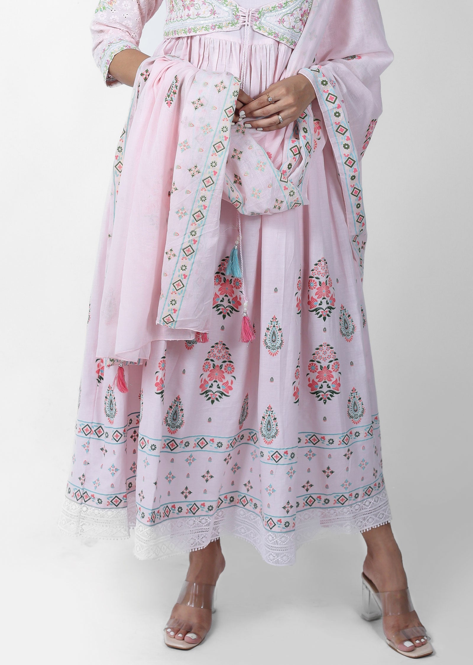 Pink Cotton Printed Anarkali