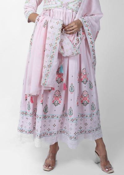 Pink Cotton Printed Anarkali