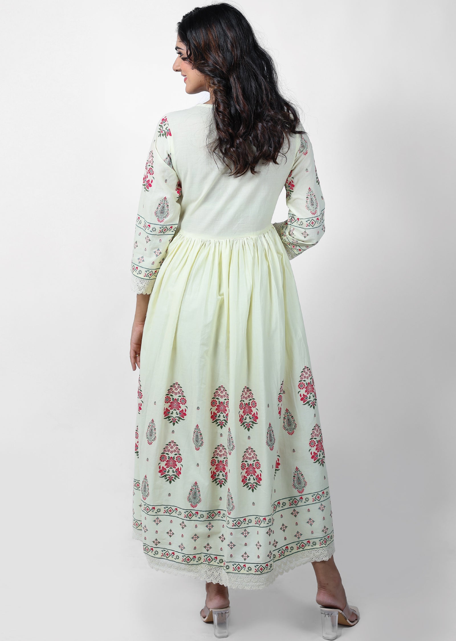 Light Yellow Cotton Printed Anarkali