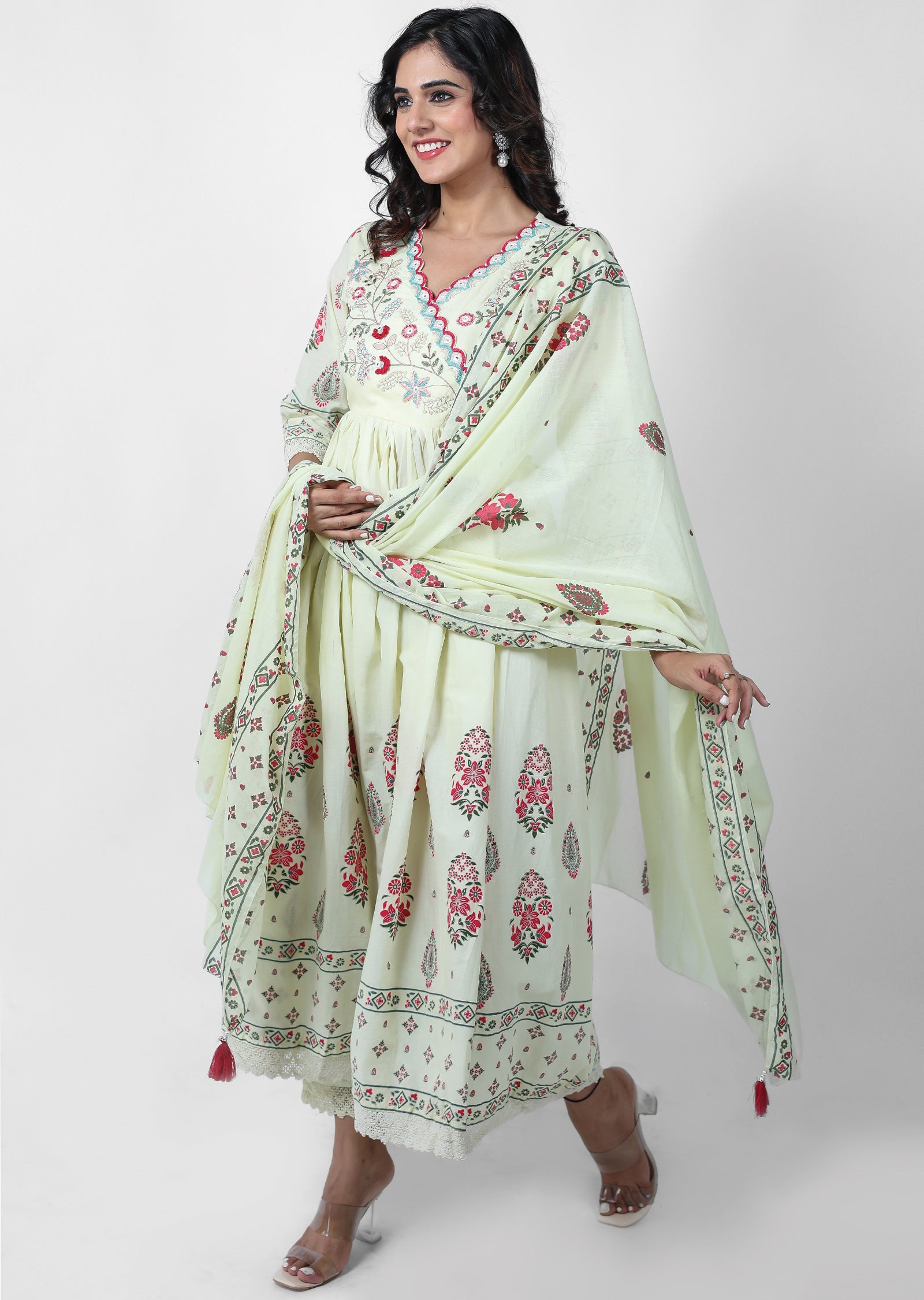 Light Yellow Cotton Printed Anarkali