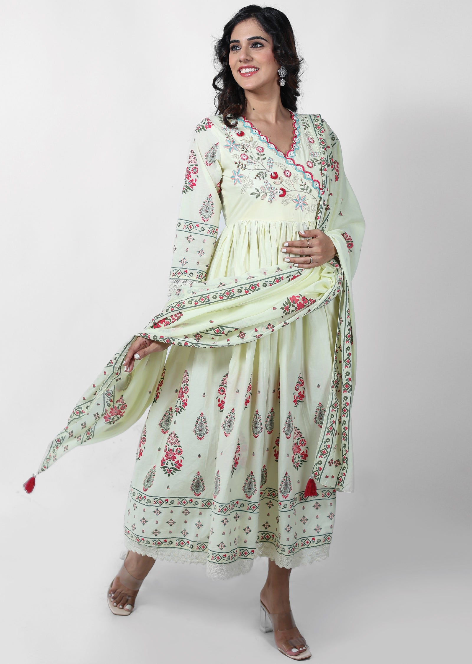 Light Yellow Cotton Printed Anarkali