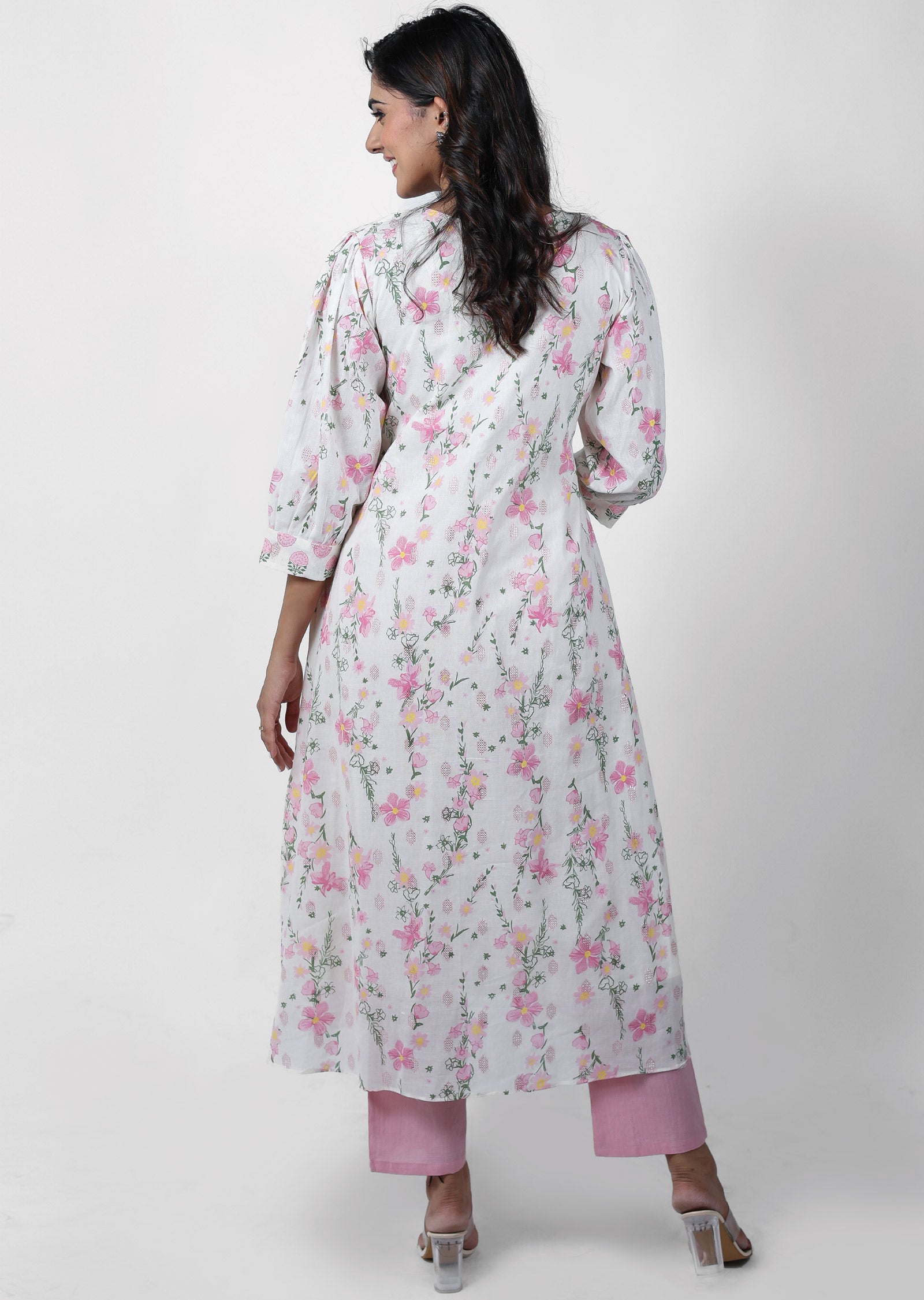 Off White & Pink Cotton Printed Anarkali