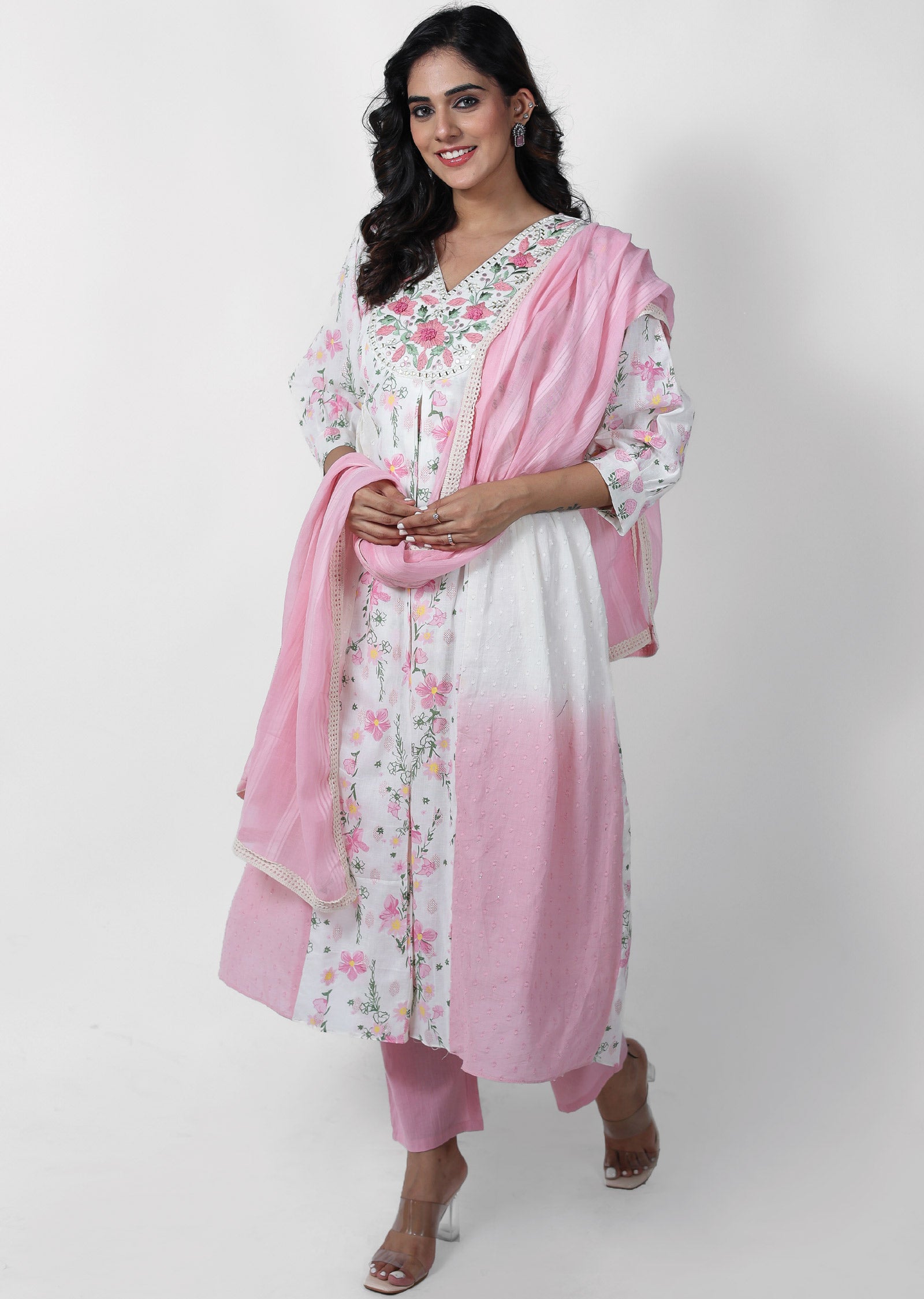 Off White & Pink Cotton Printed Anarkali