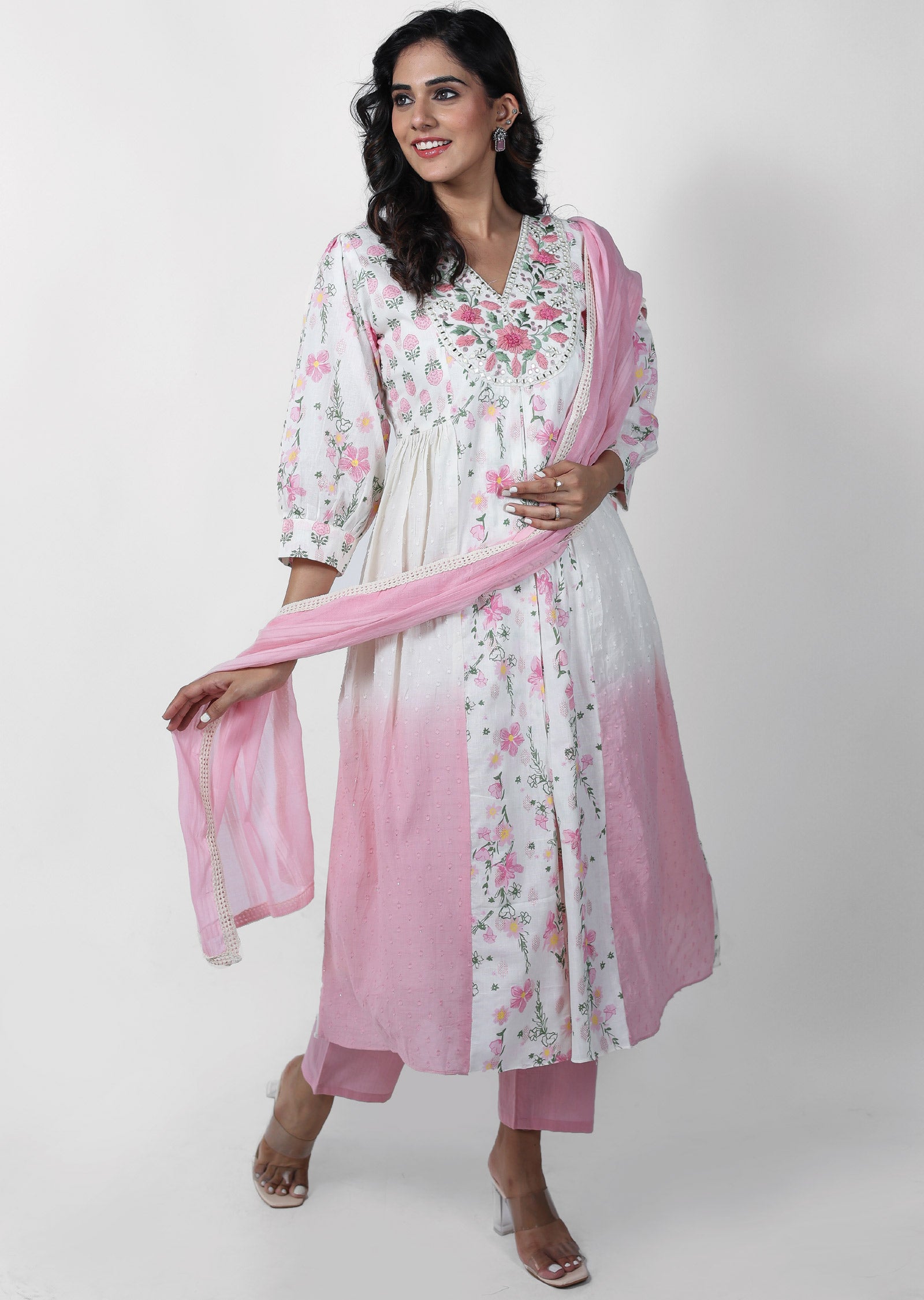 Off White & Pink Cotton Printed Anarkali