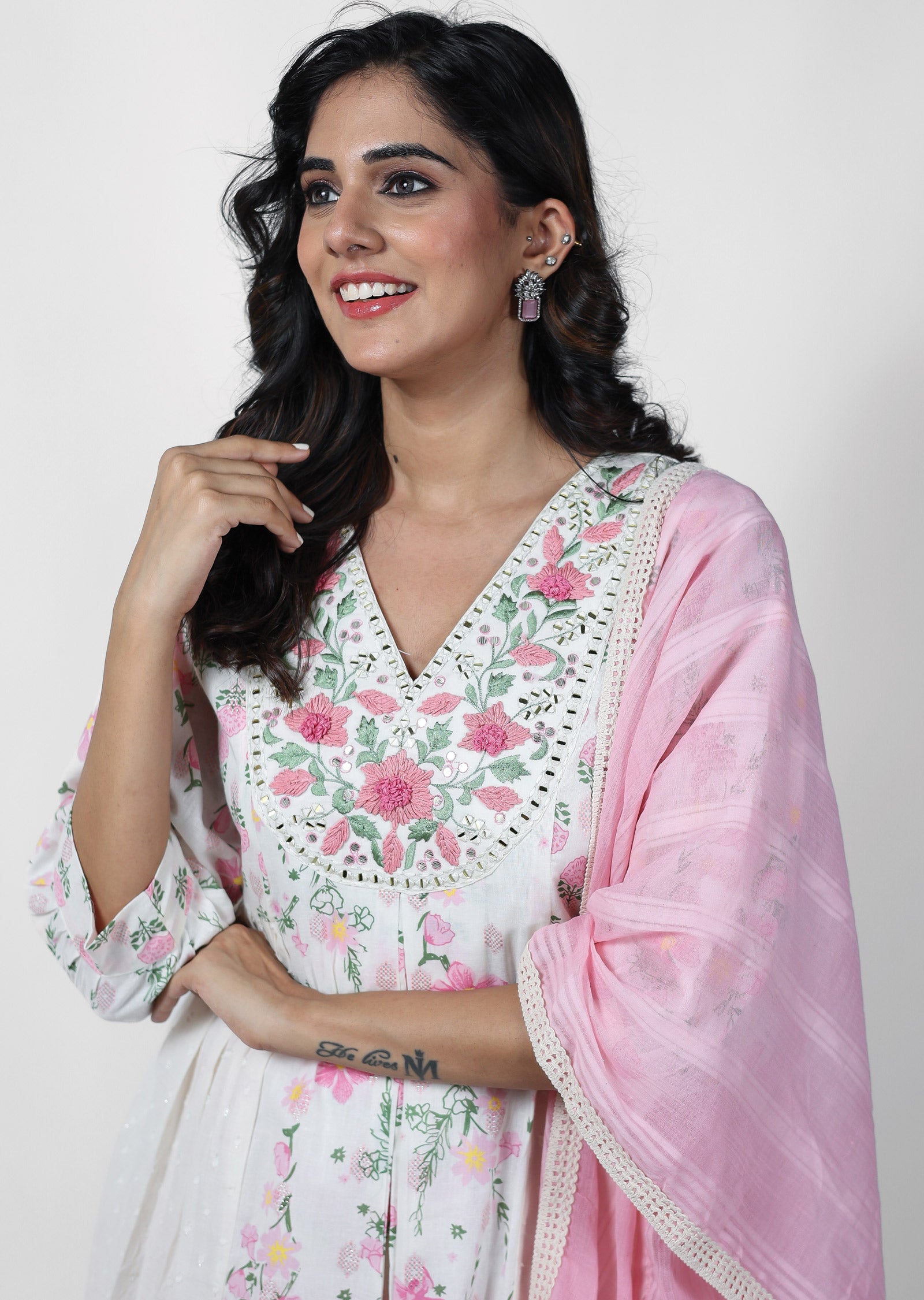 Off White & Pink Cotton Printed Anarkali