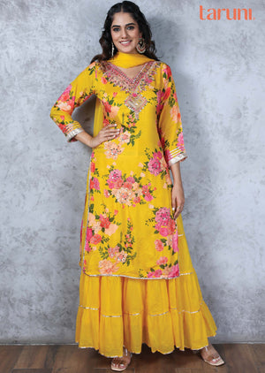 Yellow Cotton & Muslin Printed Anarkali