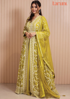 Lime Green Georgette Embroidered Anarkali