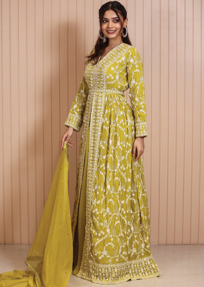 Lime Green Georgette Embroidered Anarkali