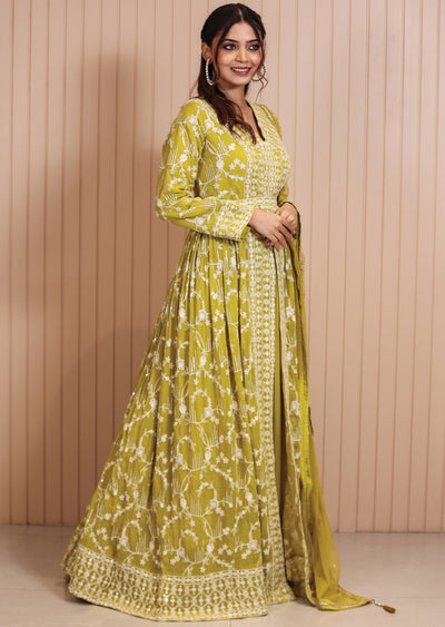 Lime Green Georgette Embroidered Anarkali