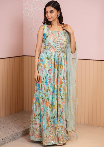 Sea Green Organza Embroidered Anarkali