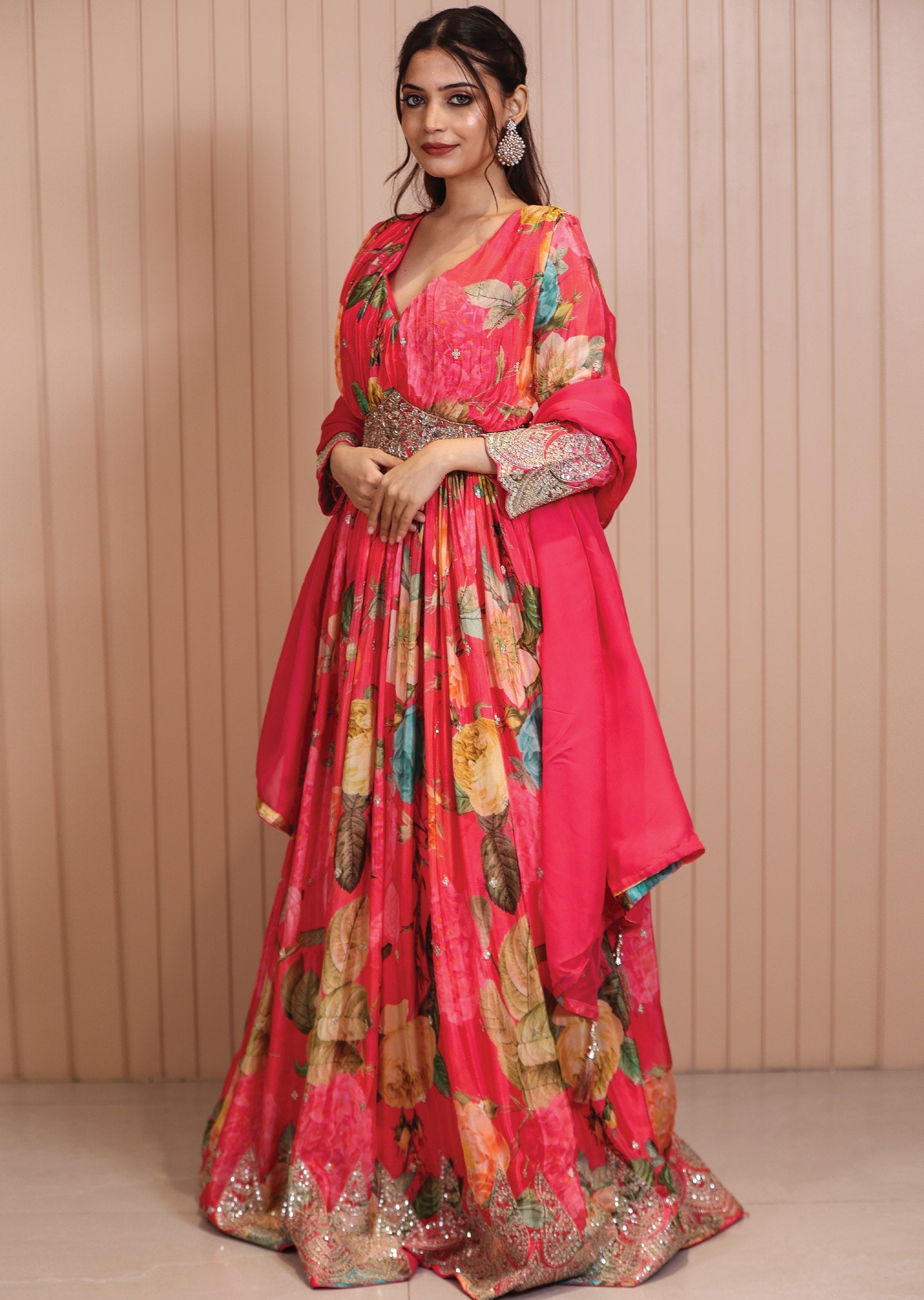 Pink Chinnon Embroidered Anarkali