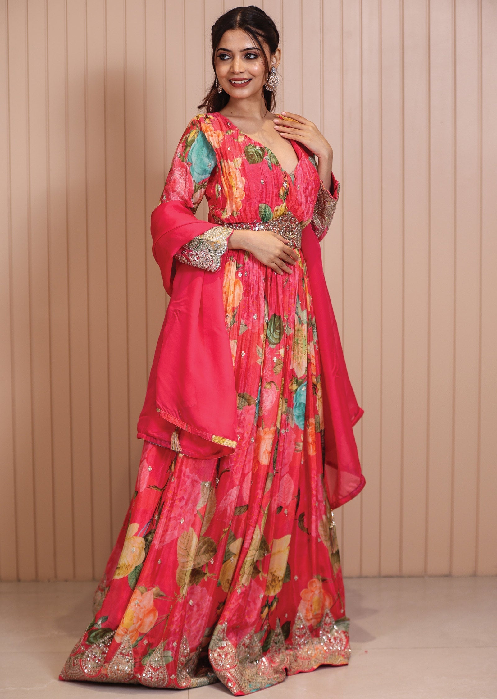 Pink Chinnon Embroidered Anarkali