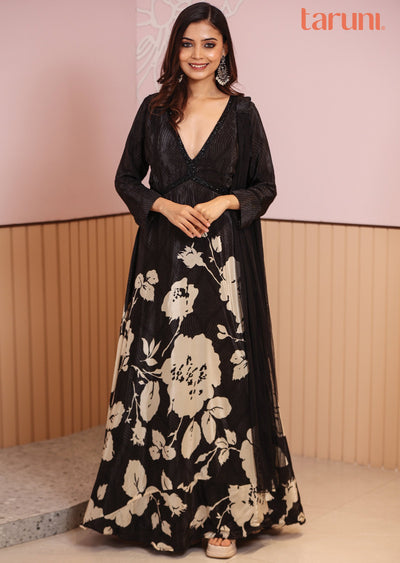 Black Crepe Printed Alia cut anarkali