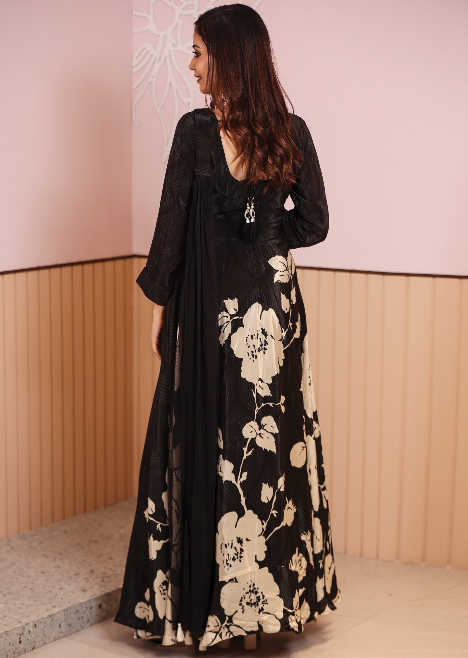 Black Crepe Printed Alia cut anarkali