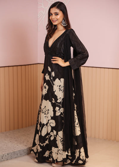 Black Crepe Printed Alia cut anarkali