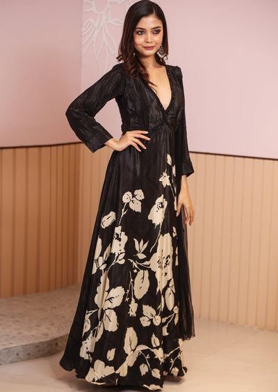 Black Crepe Printed Alia cut anarkali