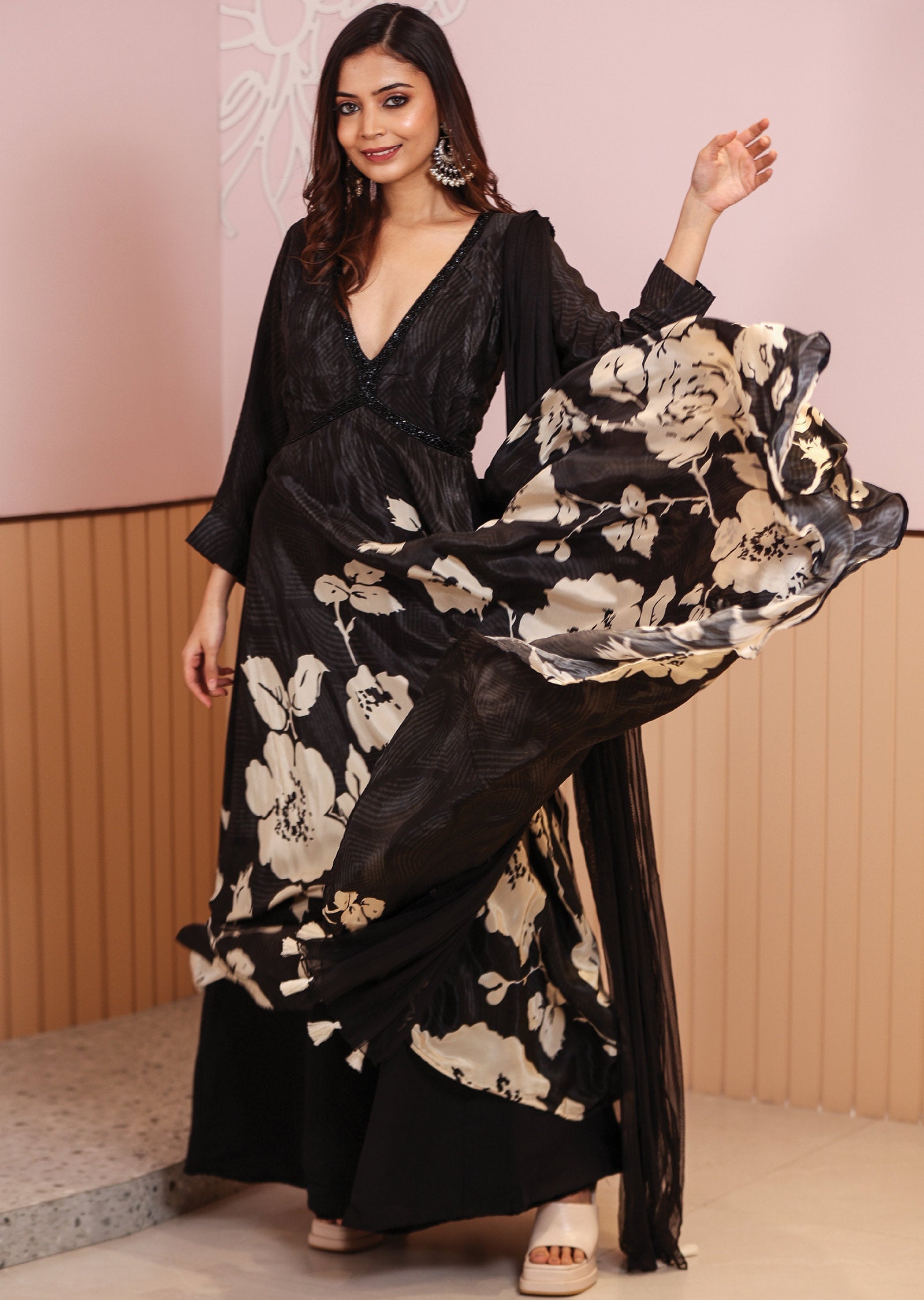 Black Crepe Printed Alia cut anarkali