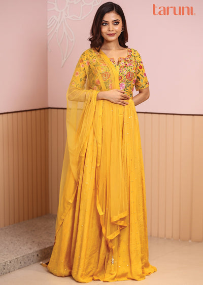 Yellow Silk & Chinnon Anarkali