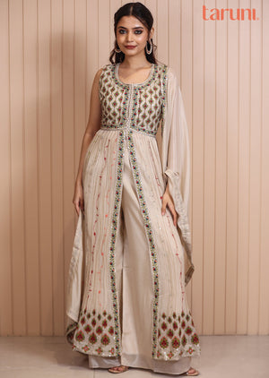 Beige Muslin Embroidered Anarkali