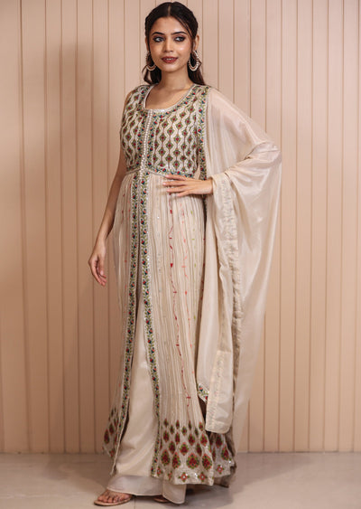 Beige Muslin Embroidered Anarkali