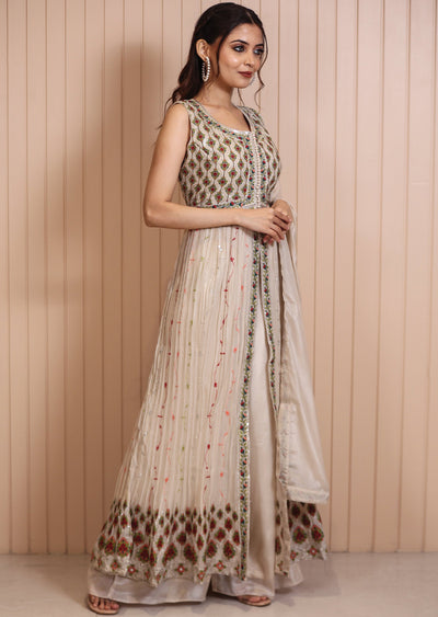 Beige Muslin Embroidered Anarkali