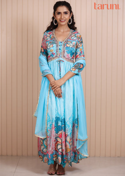 Light Blue Chinnon Digital Printed Anarkali