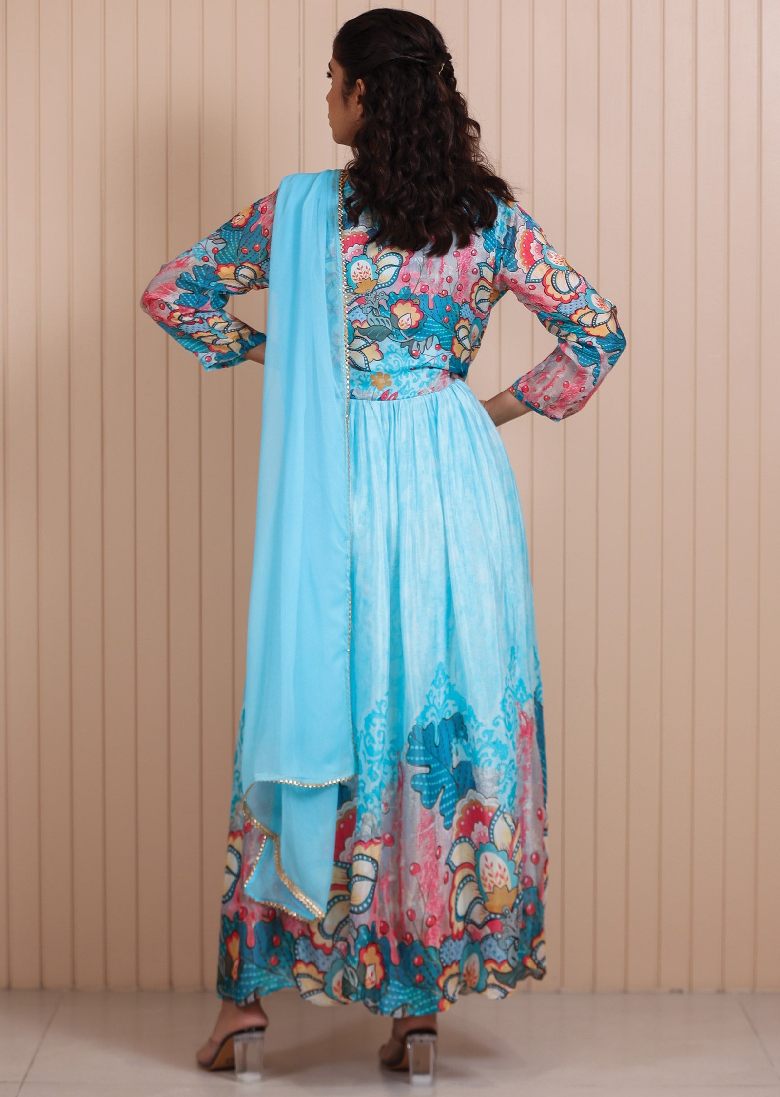 Light Blue Chinnon Digital Printed Anarkali