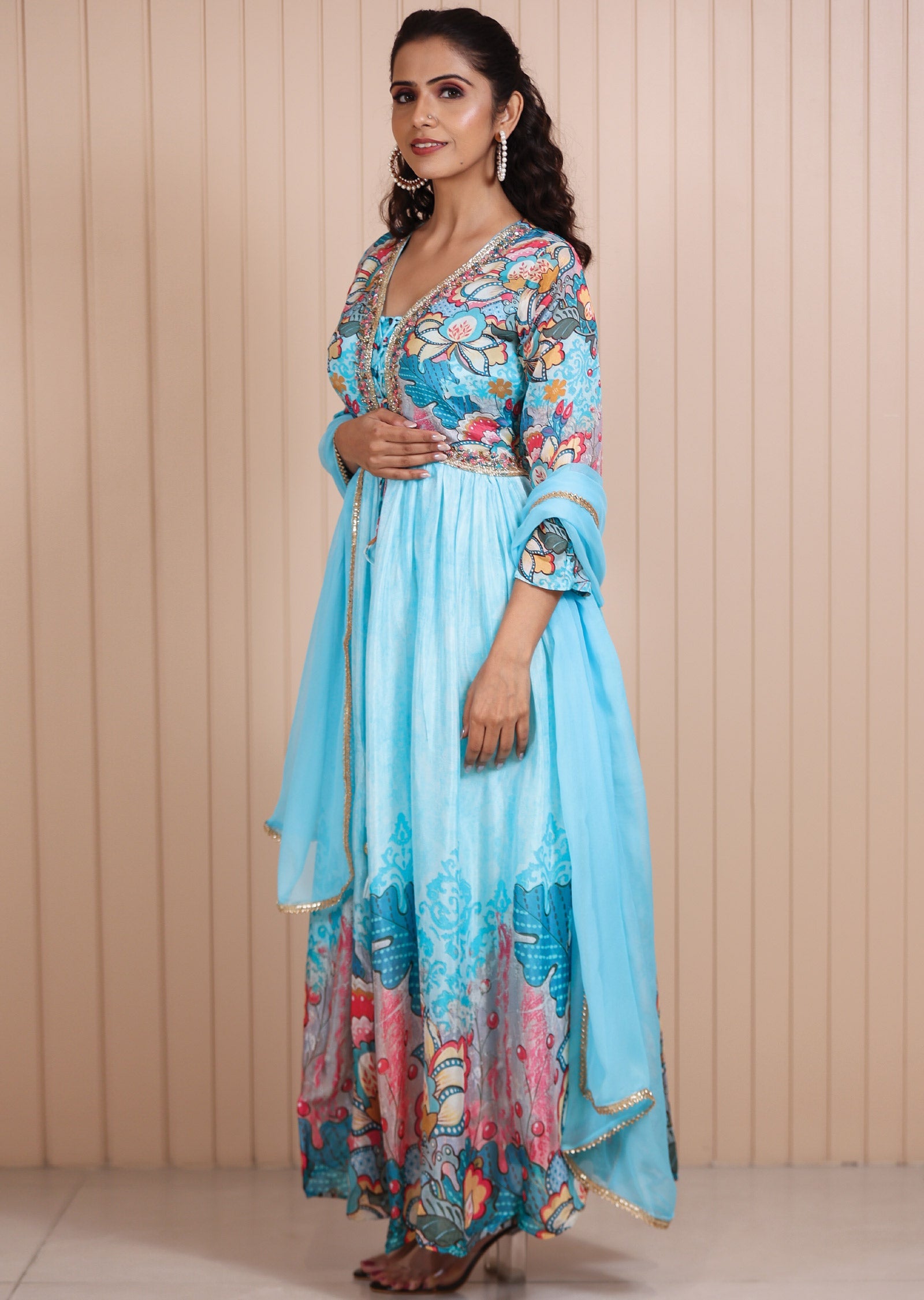 Light Blue Chinnon Digital Printed Anarkali