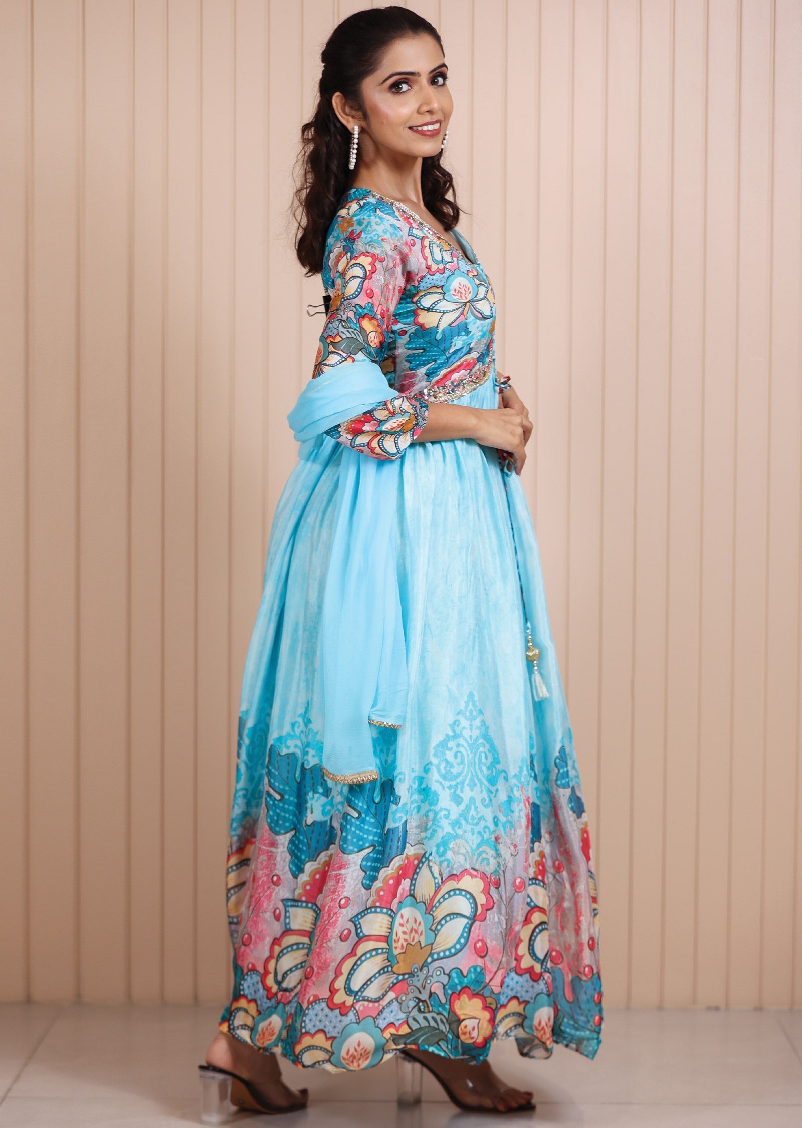 Light Blue Chinnon Digital Printed Anarkali