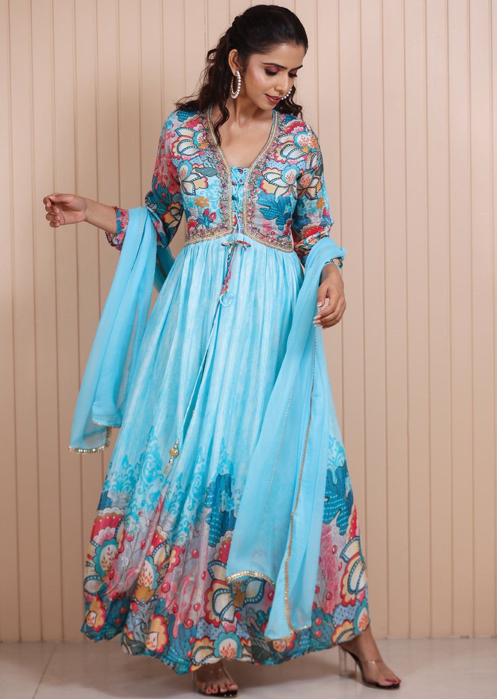 Light Blue Chinnon Digital Printed Anarkali