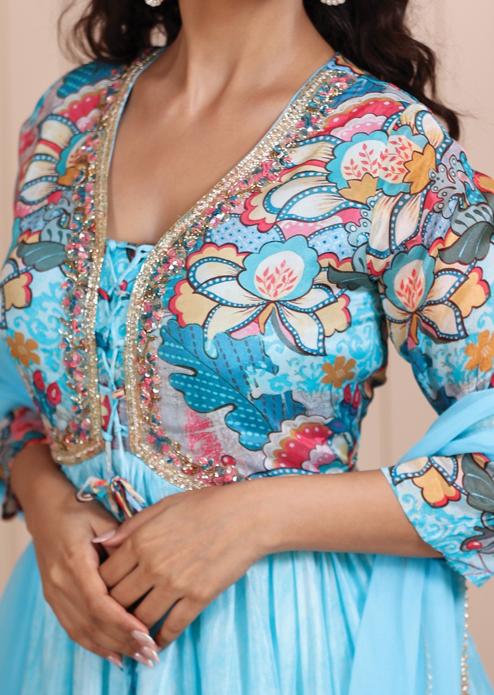 Light Blue Chinnon Digital Printed Anarkali