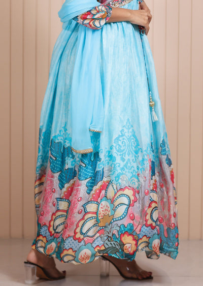 Light Blue Chinnon Digital Printed Anarkali