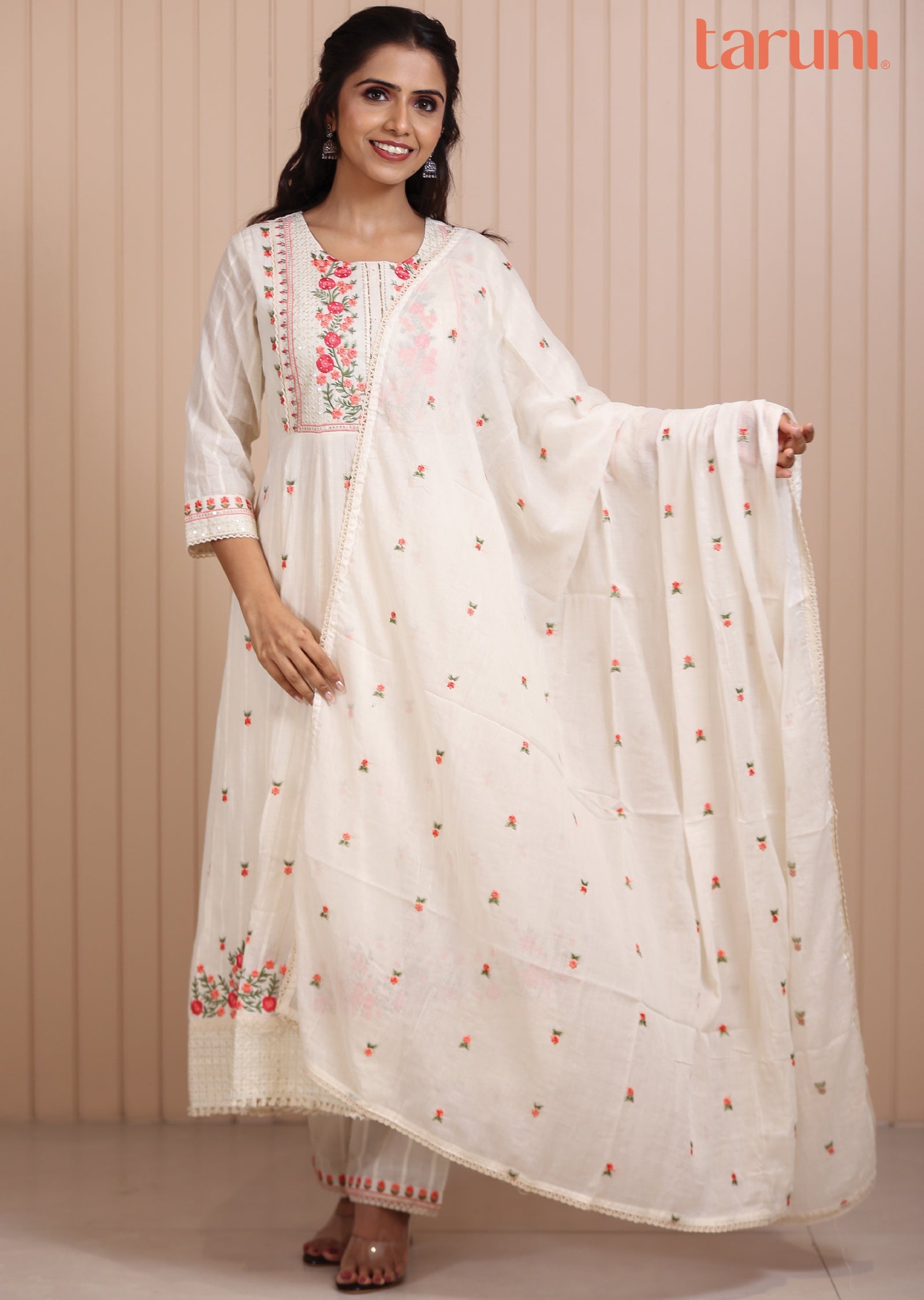 Off White Cotton Resham & Sequence Work Anarkali