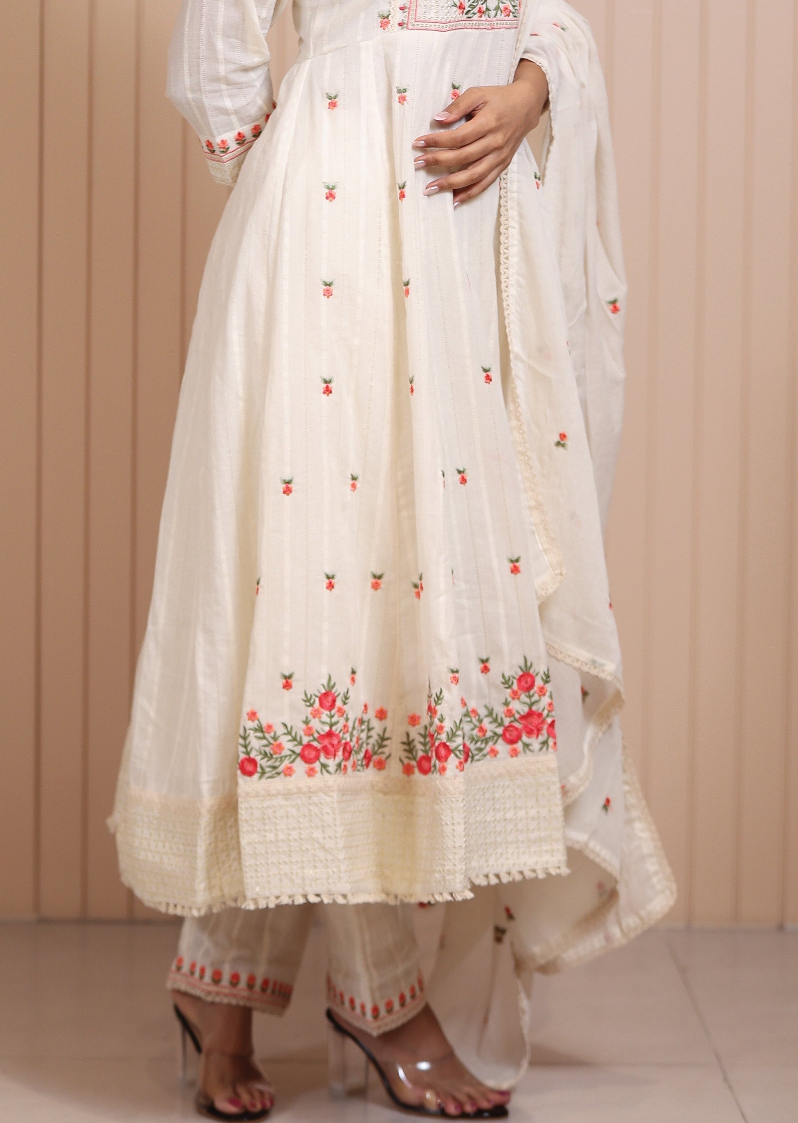 Off White Cotton Resham & Sequence Work Anarkali